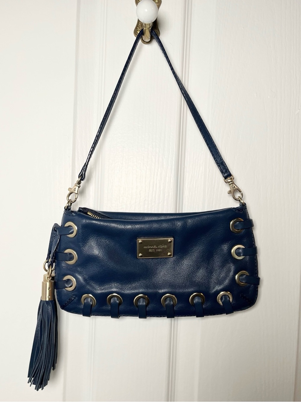 Michael Kors Navy Leather Grommet Shoulder Bag with Tassel